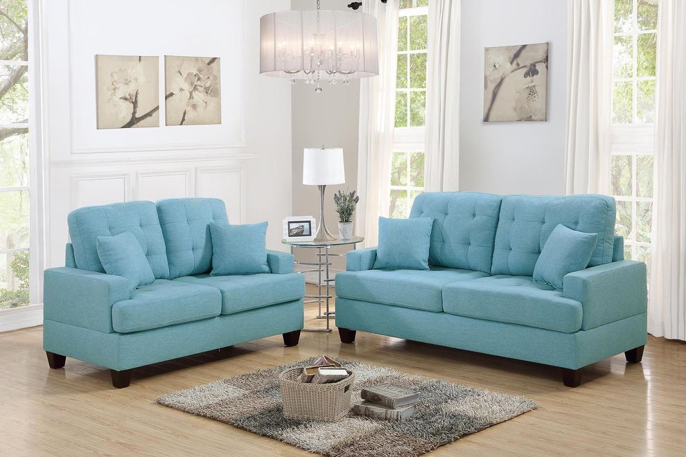 Blue polyfiber fabric sofa + loveseat set by Poundex