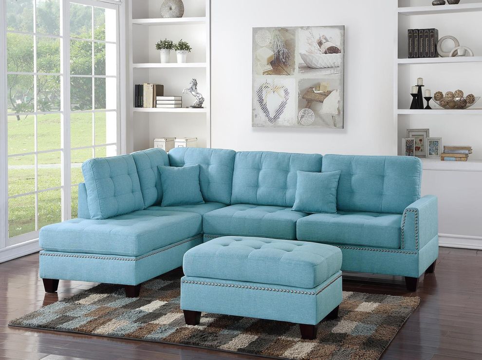 3pcs sectional + ottoman set in light blue fabric by Poundex