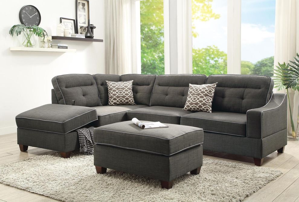 Reversible 3pcs sectional in ash black fabric by Poundex