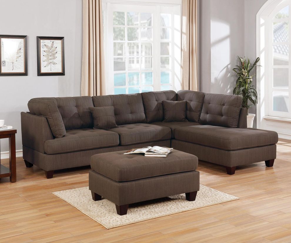 Black coffee linen-like fabric reversible sectional + ottoman set by Poundex