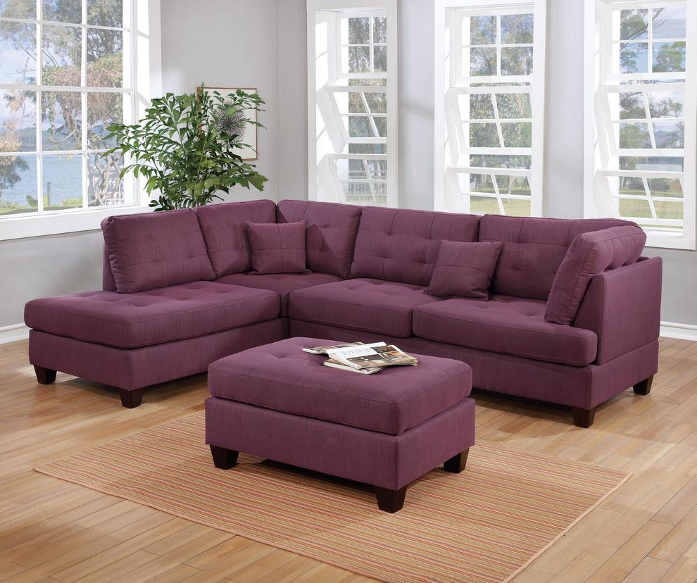 Purple linen-like fabric reversible sectional + ottoman set by Poundex