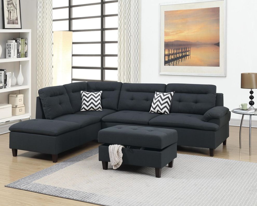 Left-facing chaise sectional/ottoman in black polyfiber by Poundex