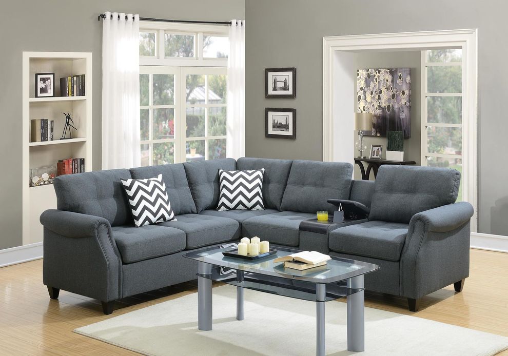Blue/gray polyfiber sectional sofa w/ console by Poundex