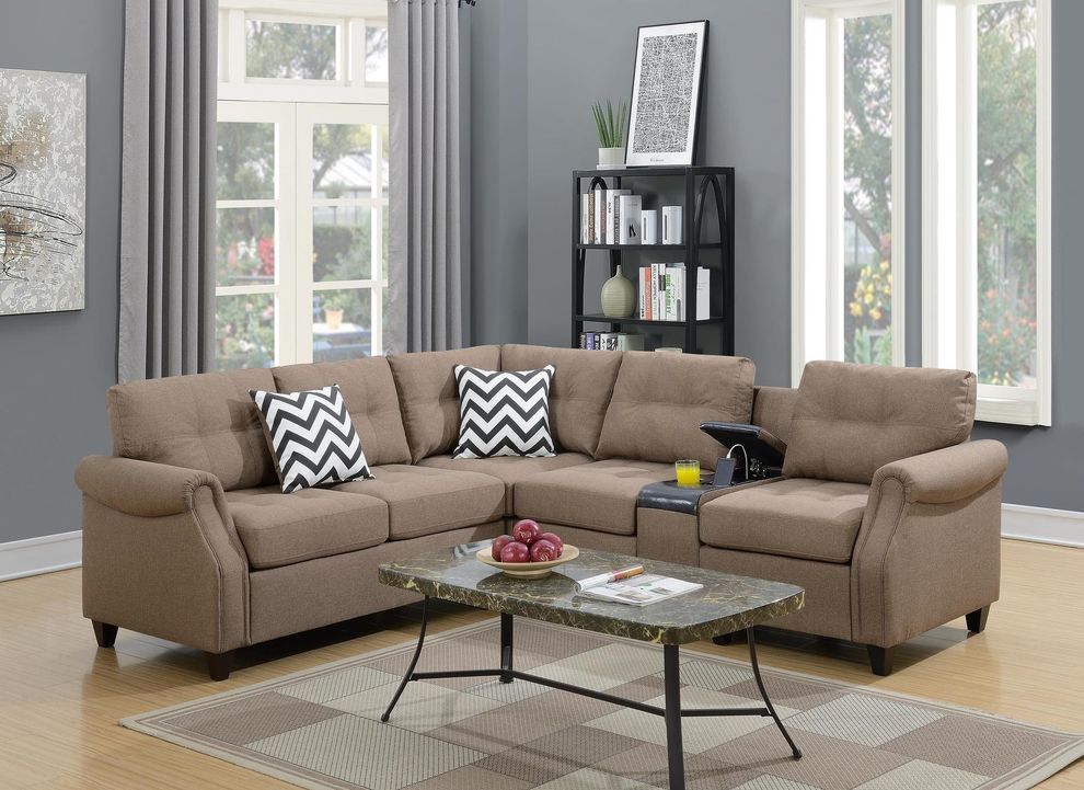Light coffee polyfiber sectional sofa w/ console by Poundex