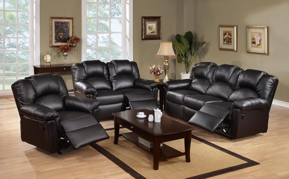 Classic bonded leather recliner sofa in black by Poundex