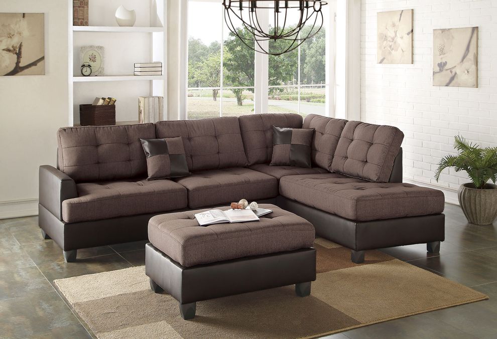 3pcs casual chocolate sectional sofa + ottoman set by Poundex