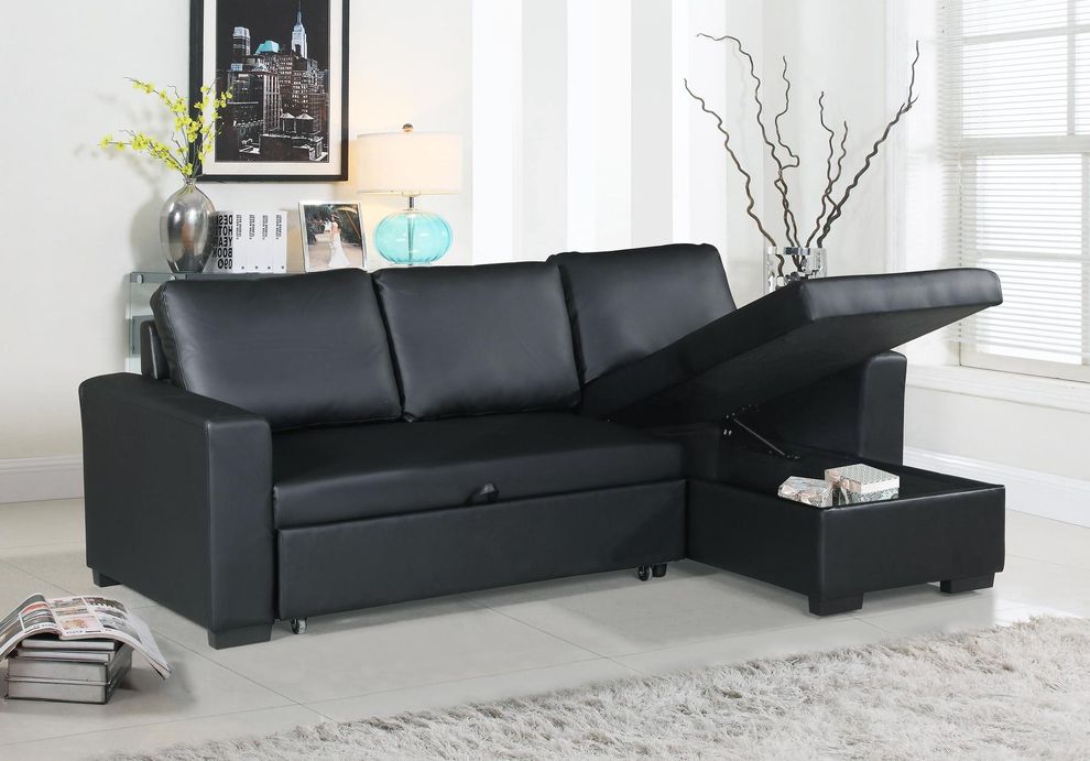 Black faux leather sofa w/ bed option by Poundex