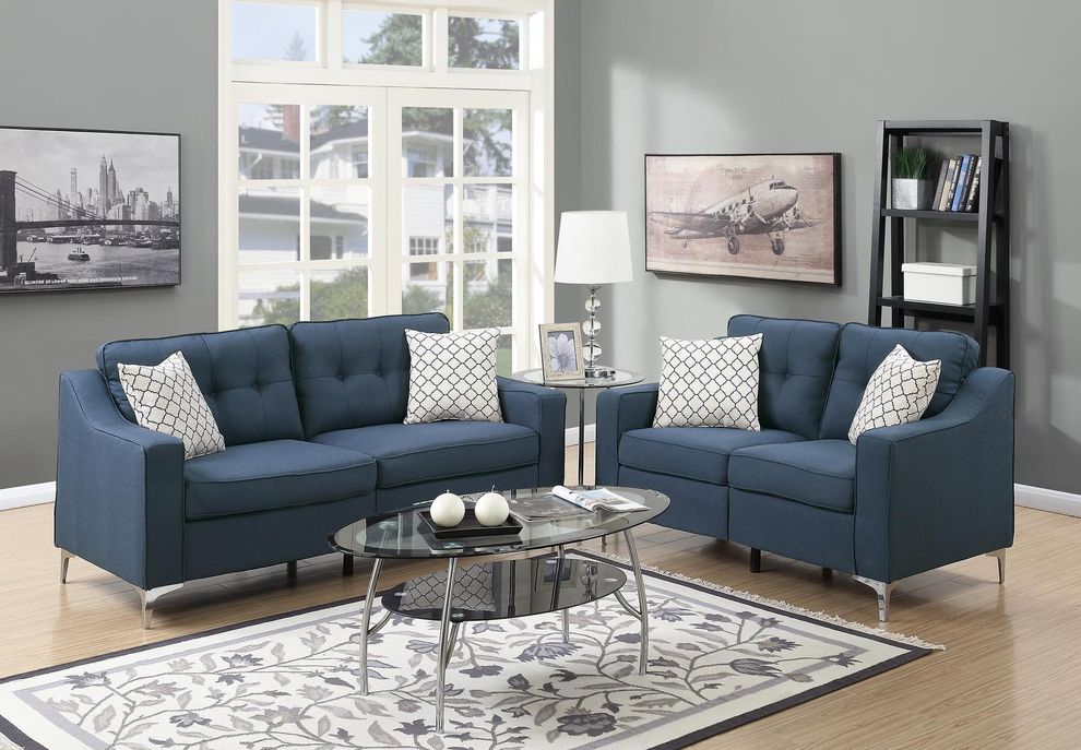 Navy blue polyfiber fabric sofa and loveseat set by Poundex
