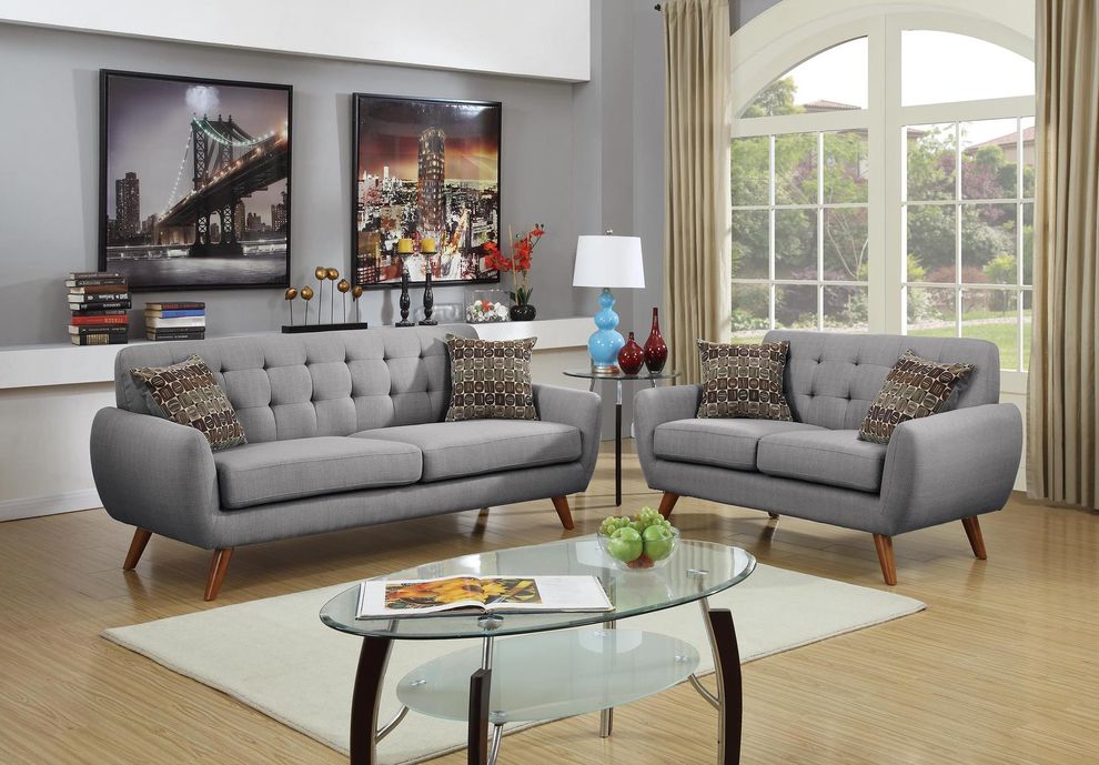 Gray polyfiber sofa and loveseat set in mid-century style by Poundex