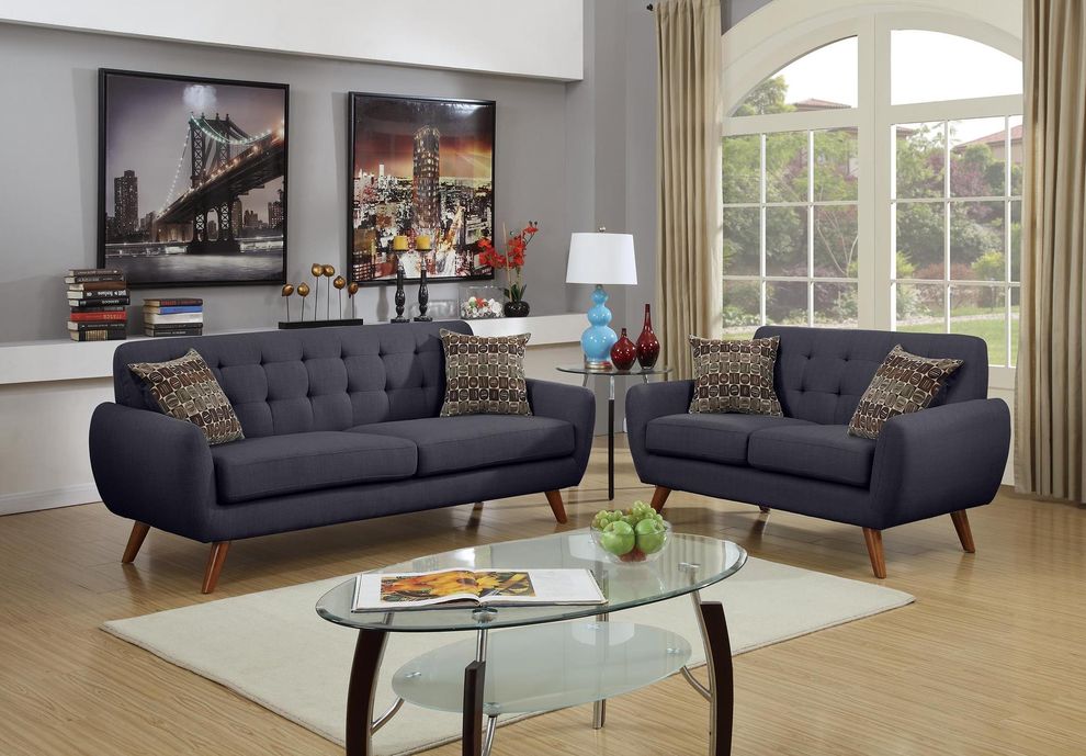 Ash black polyfiber sofa and loveseat set in mid-century style by Poundex