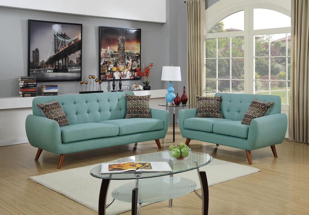 Teal polyfiber sofa and loveseat set in mid-century style by Poundex