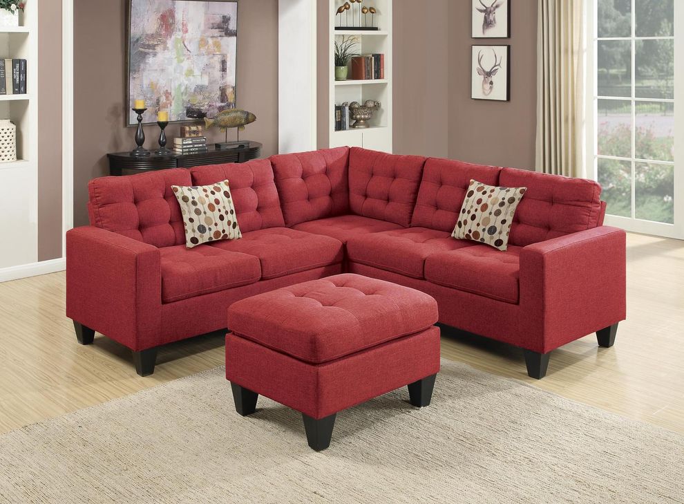 Red fabric 4pcs sectional sofa + ottoman set by Poundex