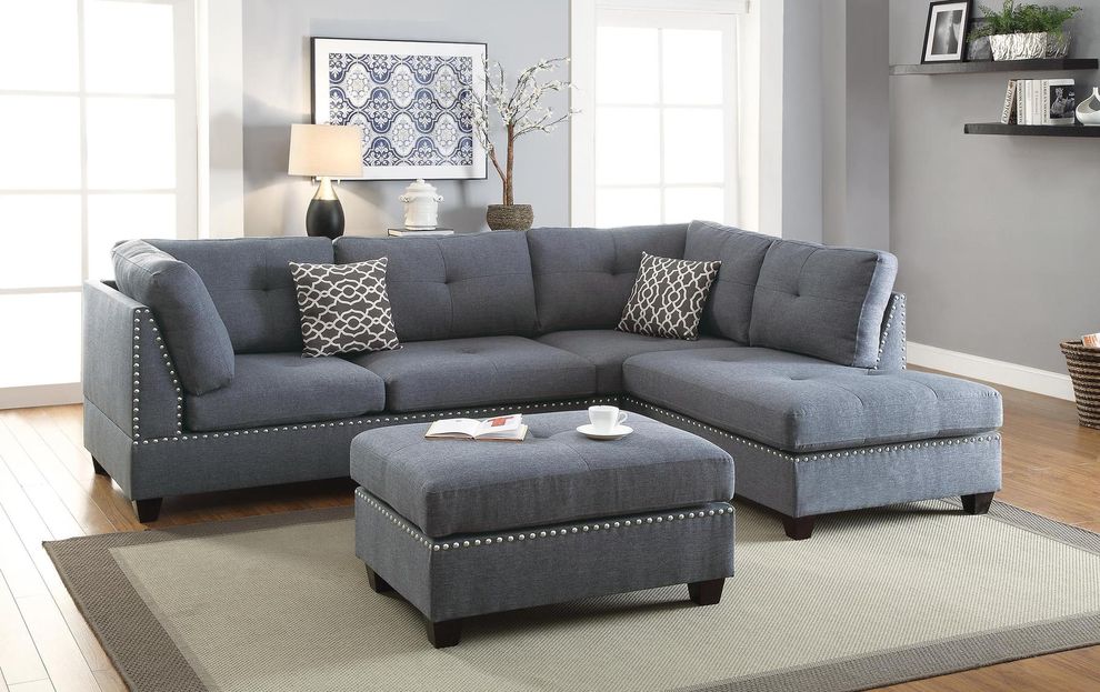 Blue/gray polyfiber fabric reversible sectional by Poundex