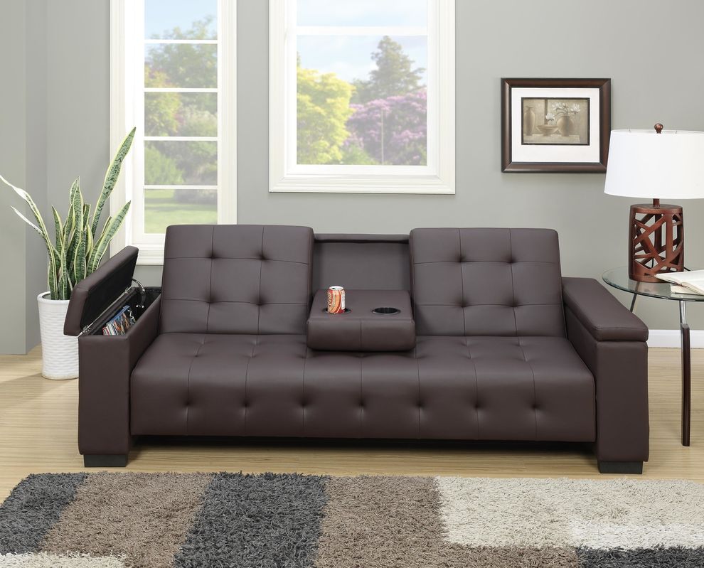 Espresso faux leather sofa bed w/ cup holders by Poundex