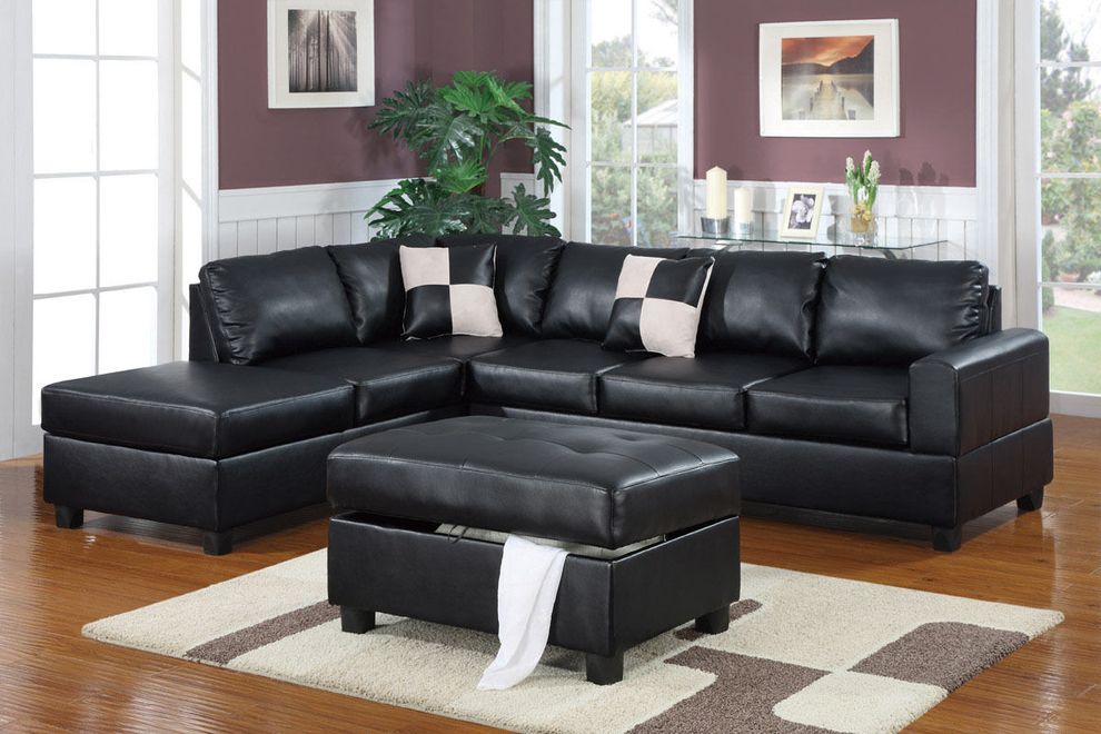 3pcs black reversible sectional sofa + ottoman set by Poundex