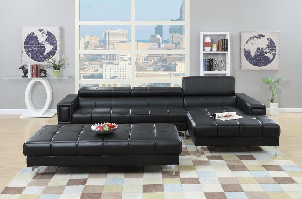 Black leather low-profile modern sectional by Poundex