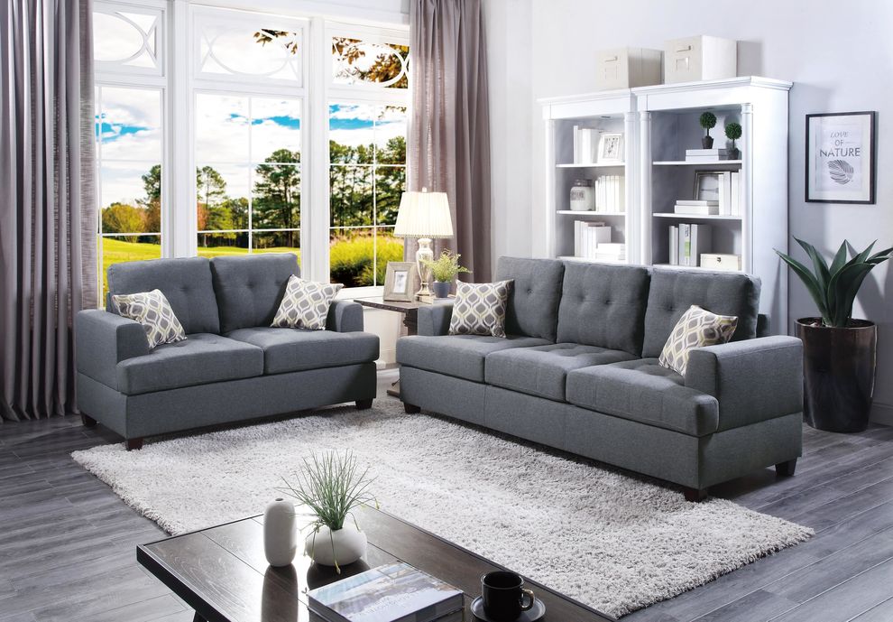 2pcs blue gray polyfiber linen sofa + loveseat set by Poundex