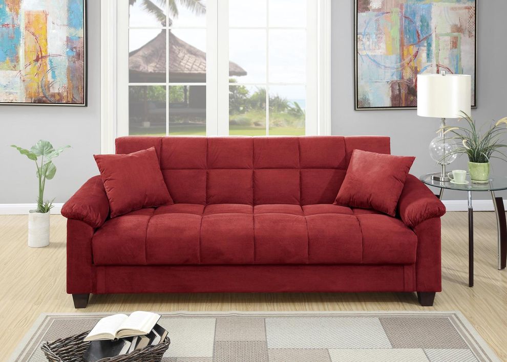 Red microfiber adjustable sofa bed by Poundex