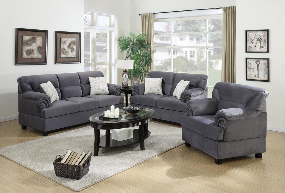 3pcs gray microfiber sofa set by Poundex