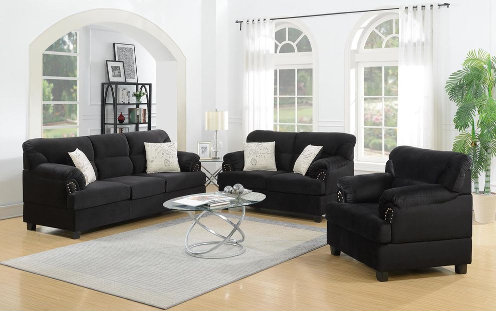3pcs black microfiber sofa set by Poundex