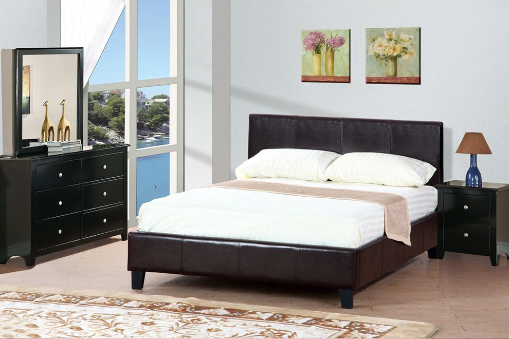 14-slat modern bed in dark brown faux leather by Poundex