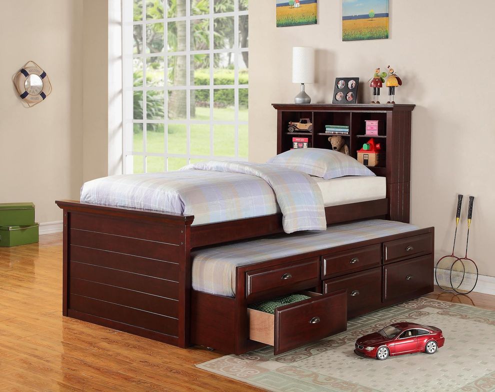 Dark cherry kids twin bed w/ drawers and trundle by Poundex
