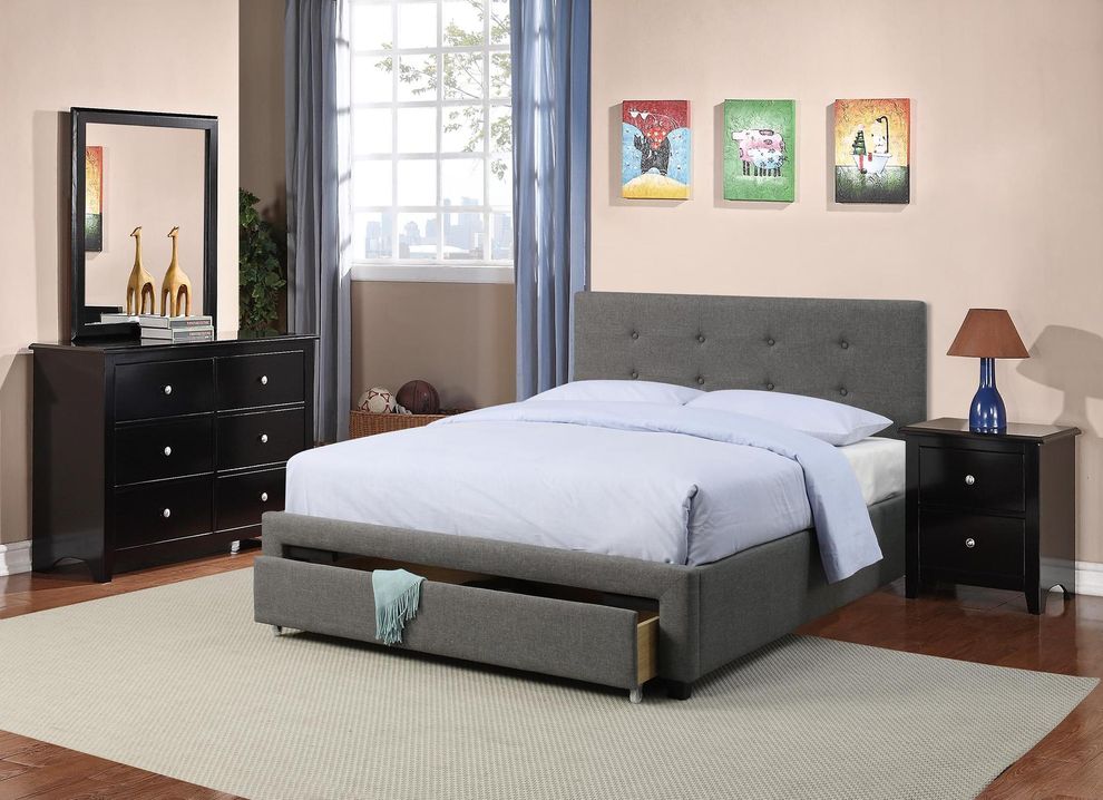 Gray fabric storage drawer bed w/ tufted hb by Poundex