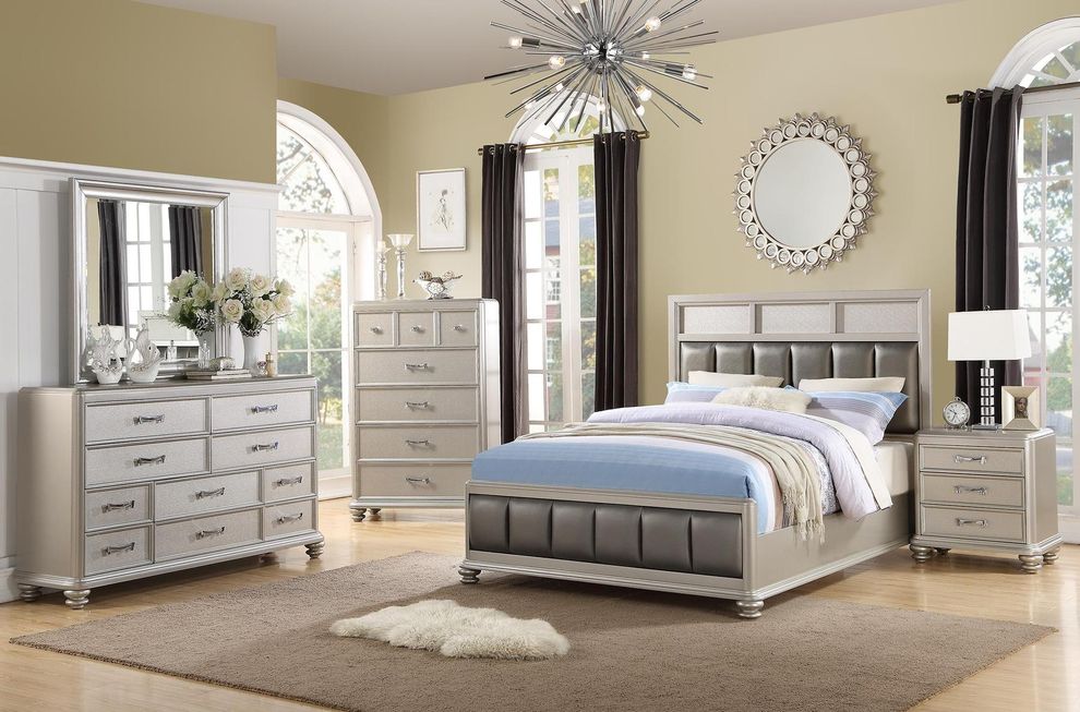 Silver glam king bed with gray leather inserts by Poundex