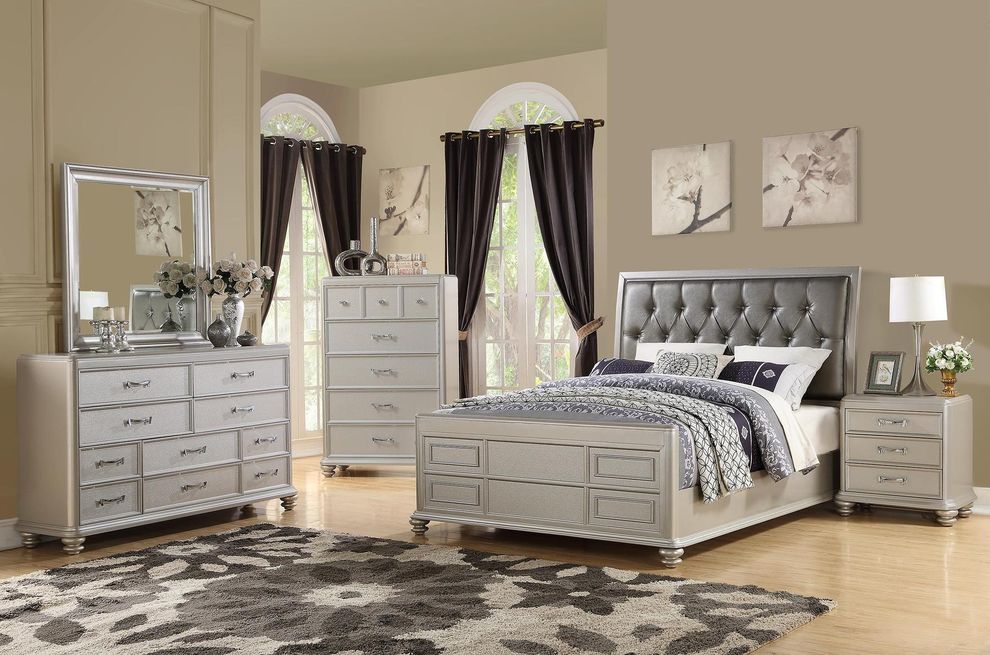 Silver glam king bed with gray leather headboard by Poundex