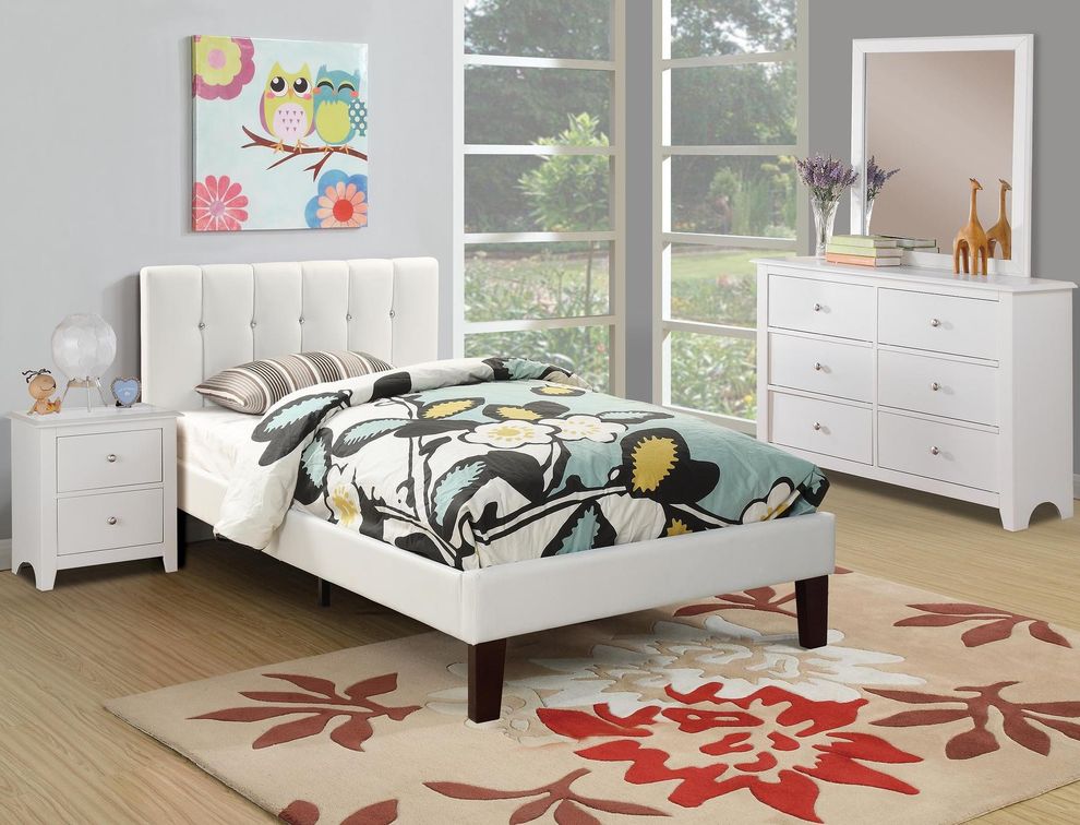 White twin bed in faux leather w/ platform by Poundex