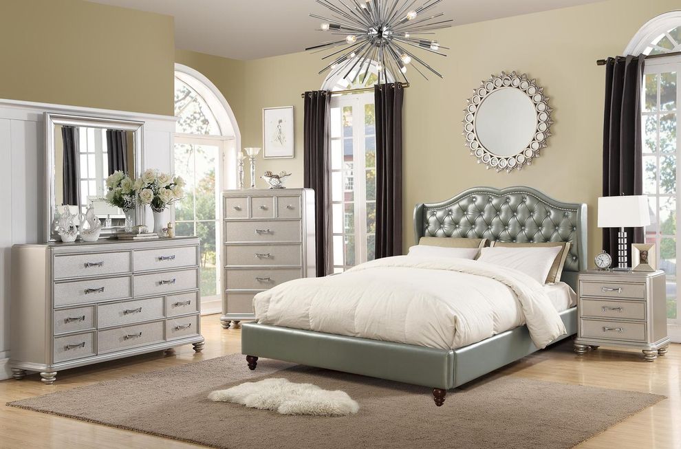 Silver faux leather platform bed in king size by Poundex