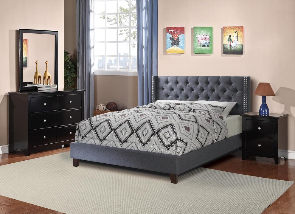 Blue/gray polyfiber tufted hb full bed w/ platform by Poundex