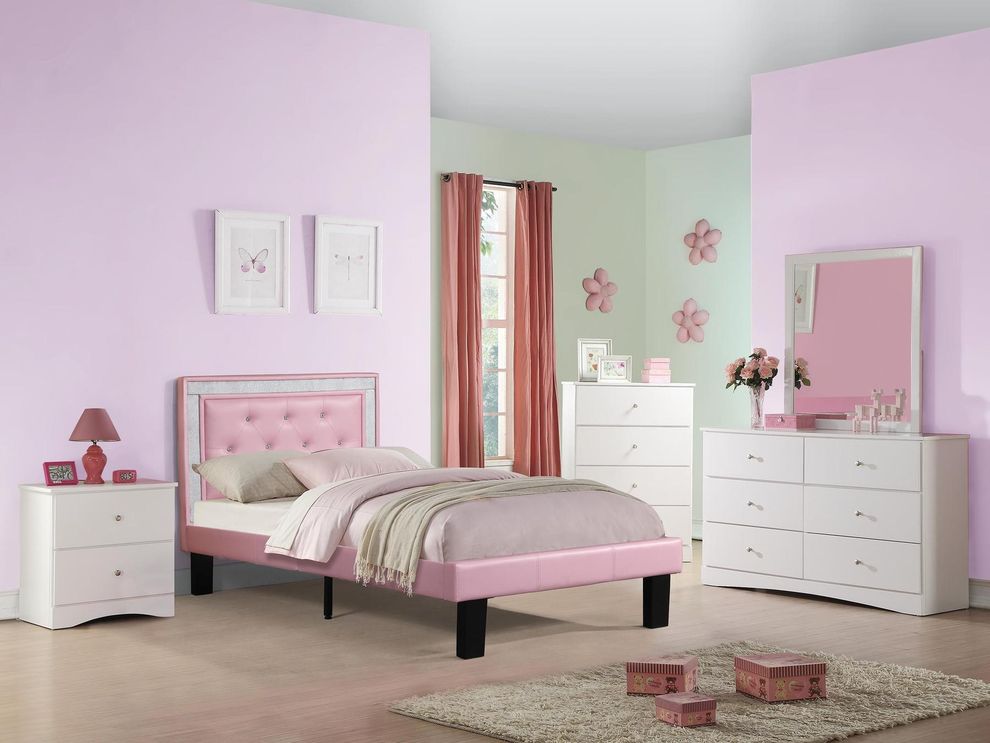 Pink bed w/ tufted headboard and white case goods by Poundex