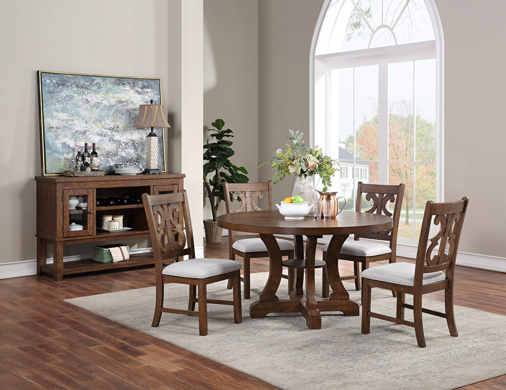 Brown pine wood round dining table w/ insert by Poundex