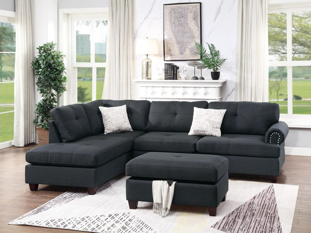 Black polyfiber linen like fabric casual sectional + ottoman set by Poundex