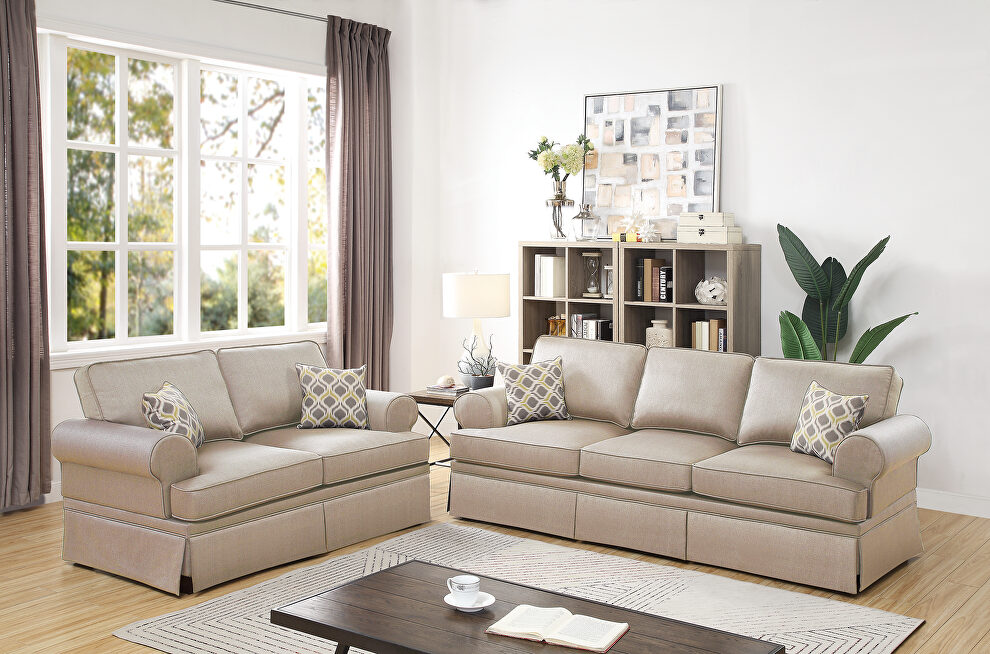 Beige light glossy polyfiber sofa and loveseat set by Poundex