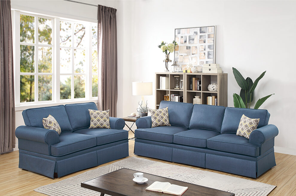 Blue stylish glossy polyfiber sofa and loveseat set by Poundex