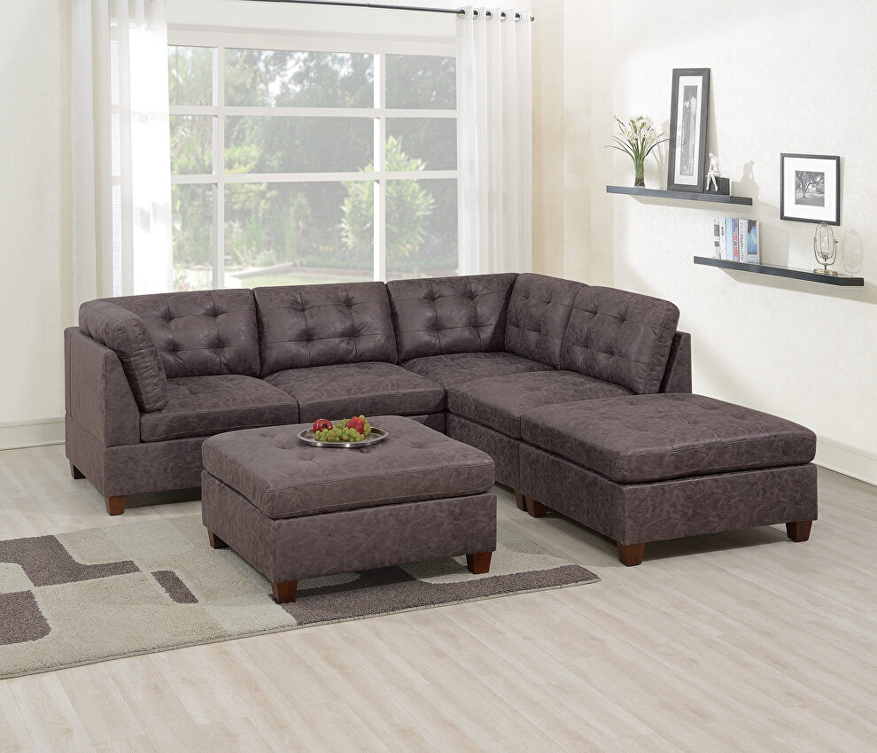 Dark brown leather-like fabric 6-pcs sectional set by Poundex