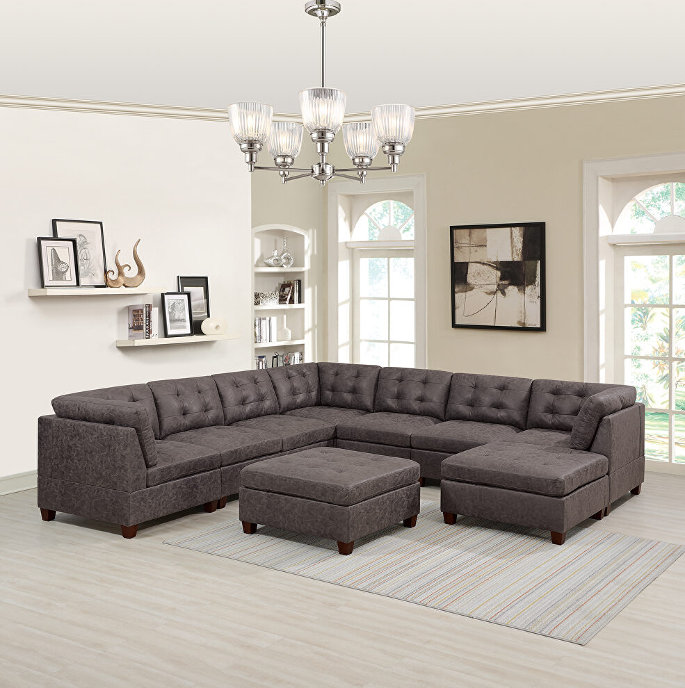 Dark brown leather-like fabric 9-pcs sectional set by Poundex