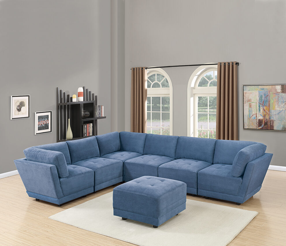 Dark blue waffle suede 7-pcs sectional set by Poundex