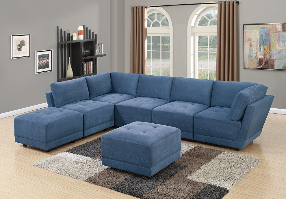 Dark blue waffle suede 7-pcs sectional set by Poundex