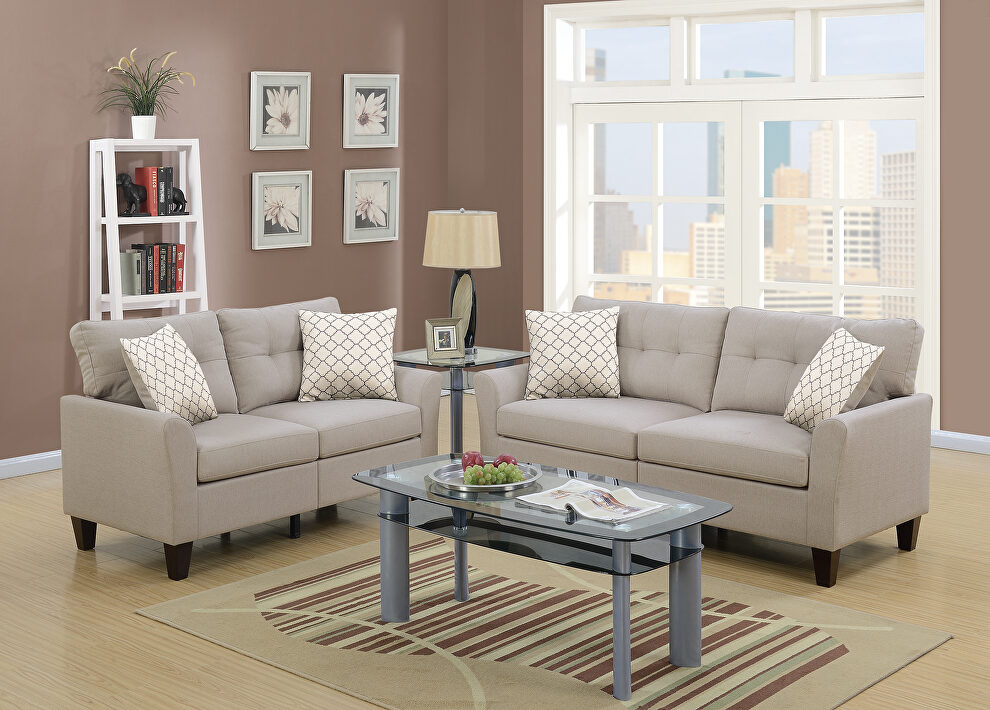 Beige glossy polyfiber sofa and loveseat set by Poundex