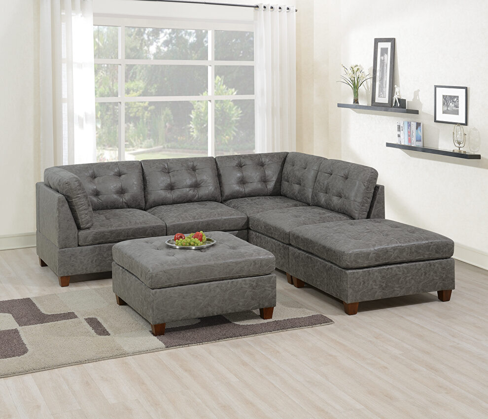 Antique gray leather-like fabric 6-pcs sectional set by Poundex