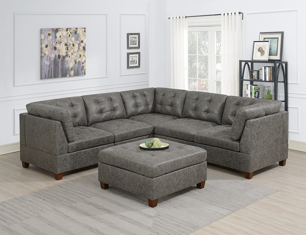 Antique gray leather-like fabric 6-pcs sectional set by Poundex