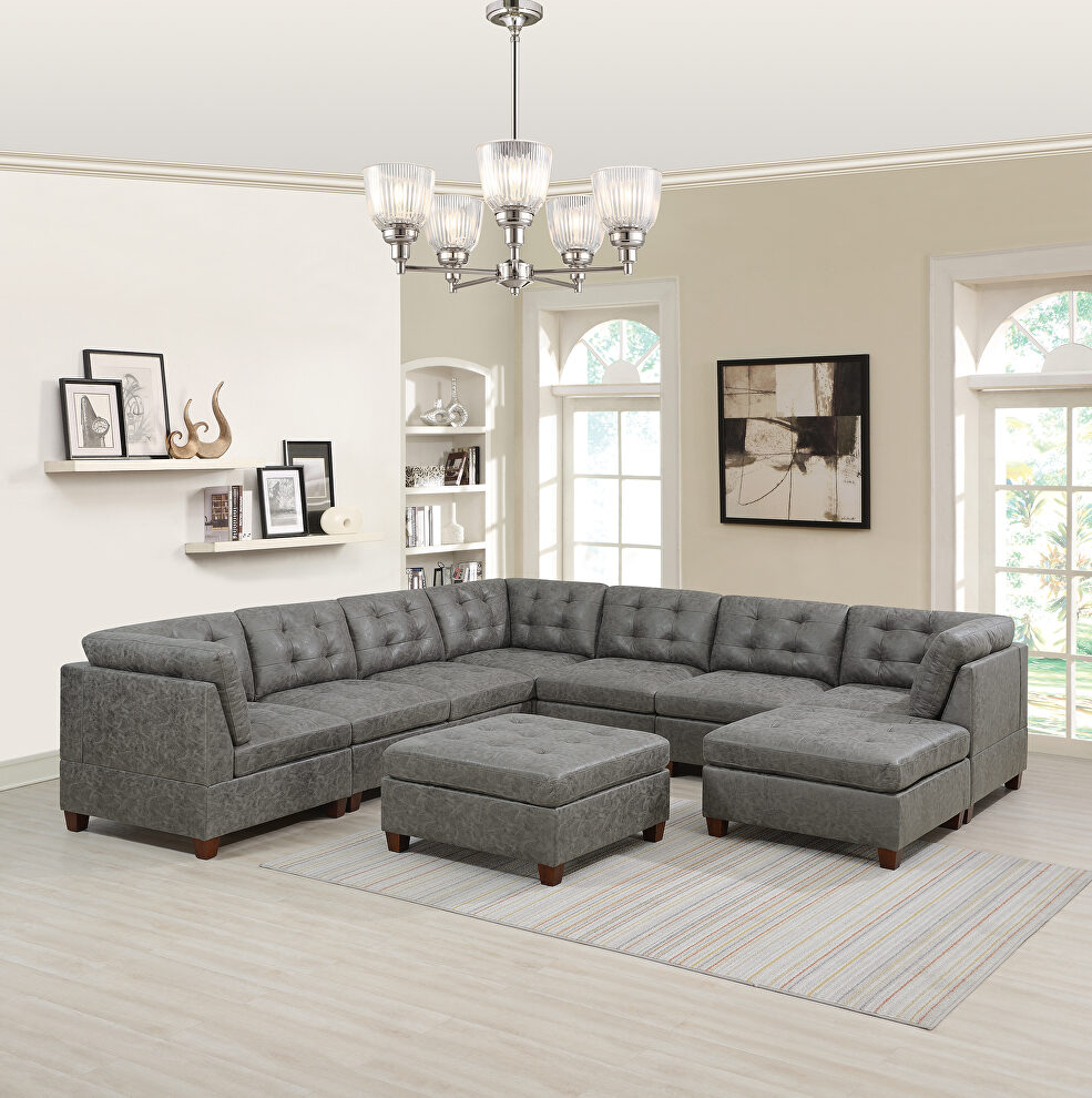 Antique gray leather-like fabric 9-pcs sectional set by Poundex