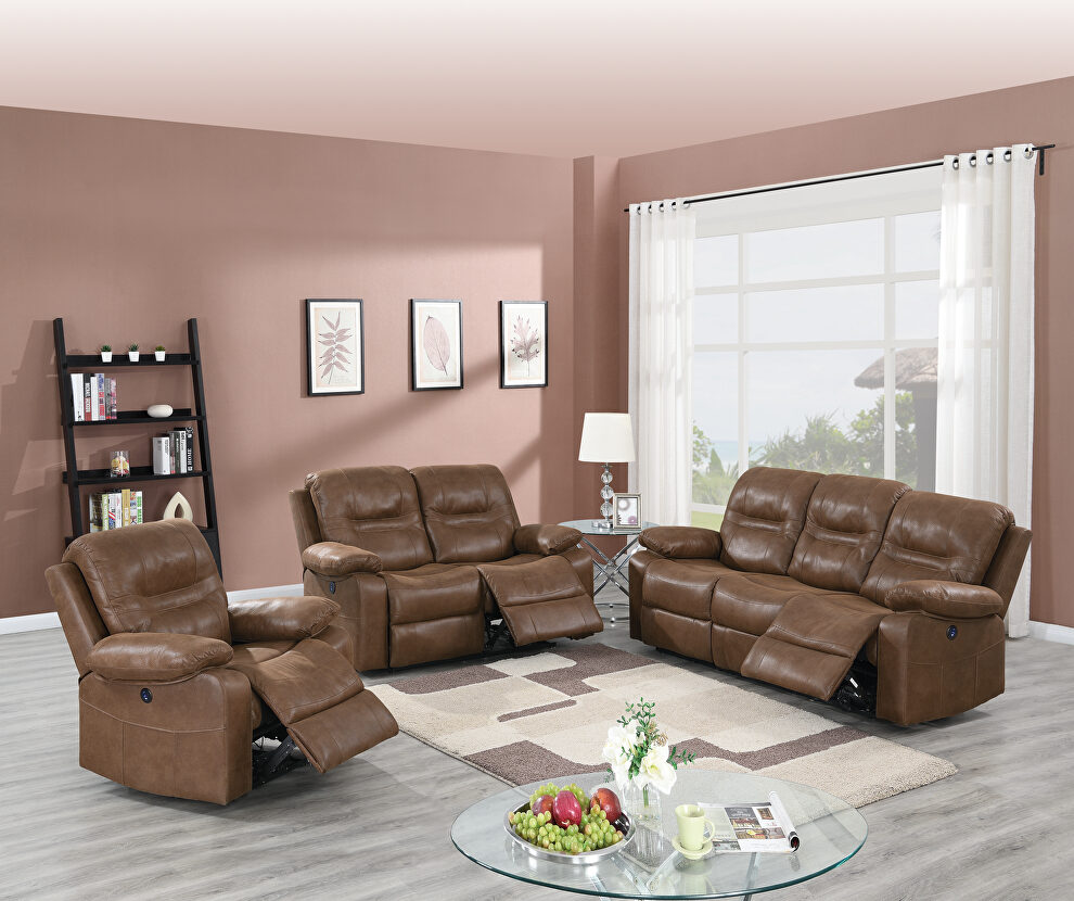 Handle motion recliner sofa in dark brown breathable leatherette by Poundex