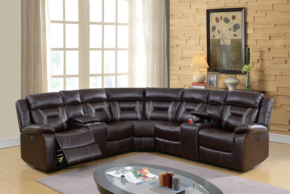 Handle motion 3-pc reclining sectional dark brown gel leatherette by Poundex