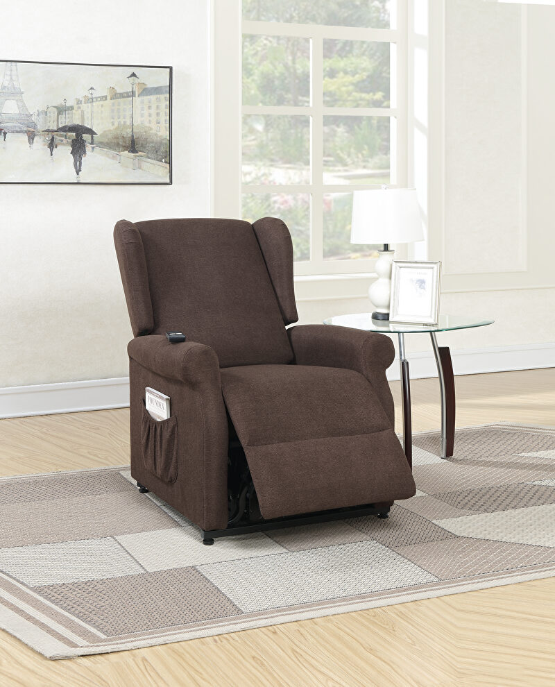 Lift chair in dark coffee fortress fabric by Poundex