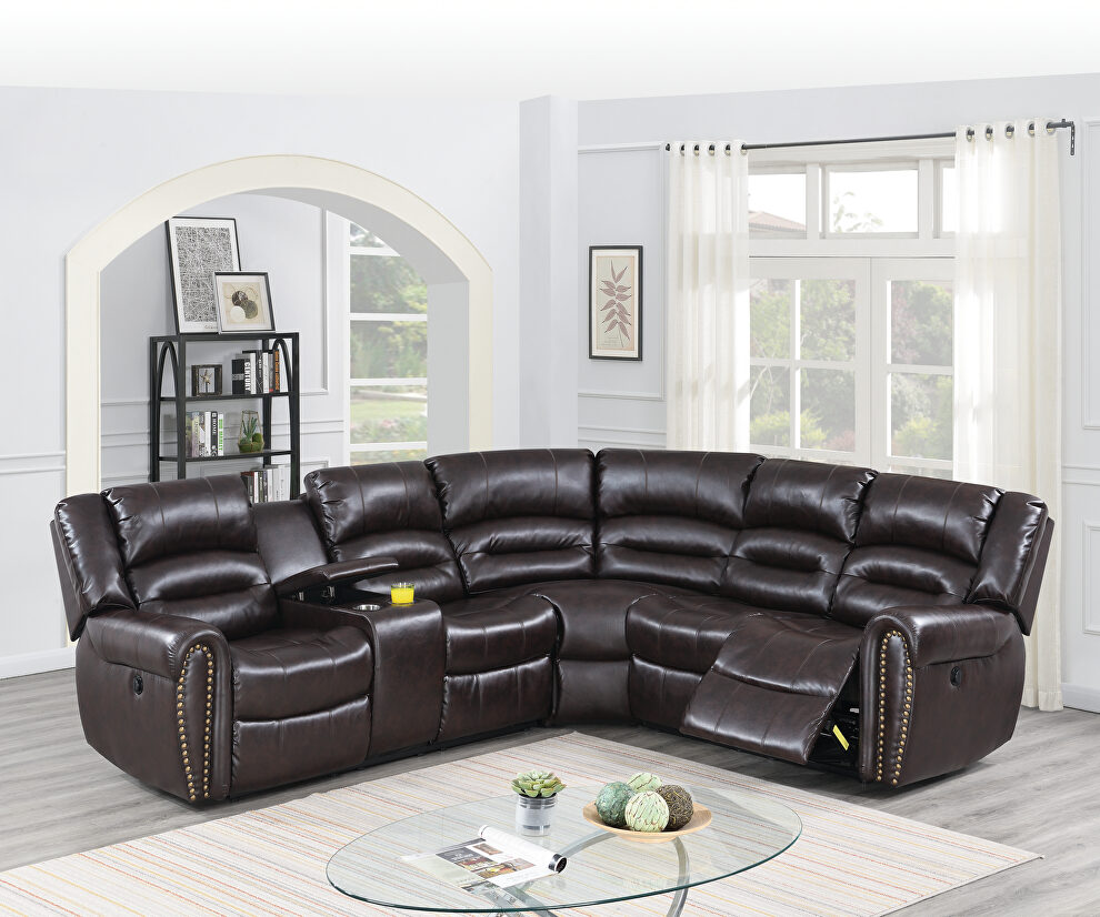 Brown bonded leather handle motion 3-pc reclining sectional sofa by Poundex
