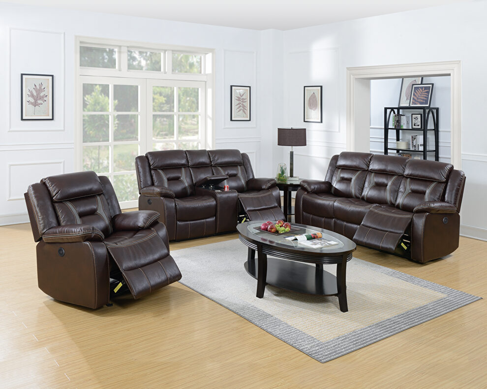 Dark brown gel leatherette handle motion recliner sofa by Poundex